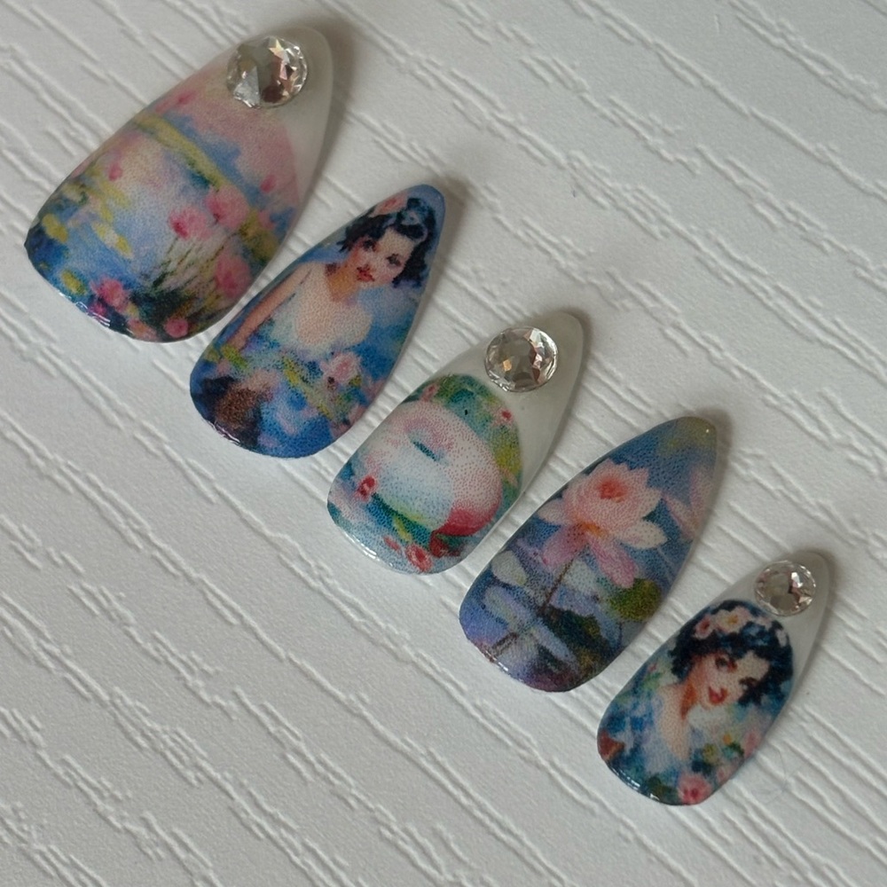 Almond funny bunny nails, almond nails, elegant nails, lake day, press on nails